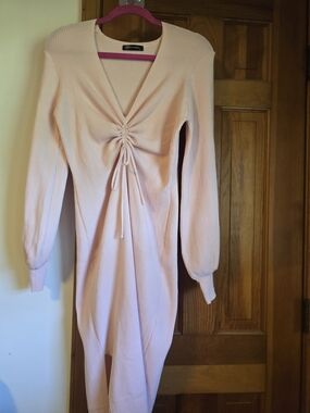 Ruched V-Neck Ribbed Long Sleeve Dress - Light Pink